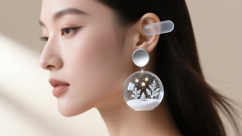 Side profile of a woman wearing a heavy glass snow globe earring supported by a clear silicone earlobe patch and a wide disc back