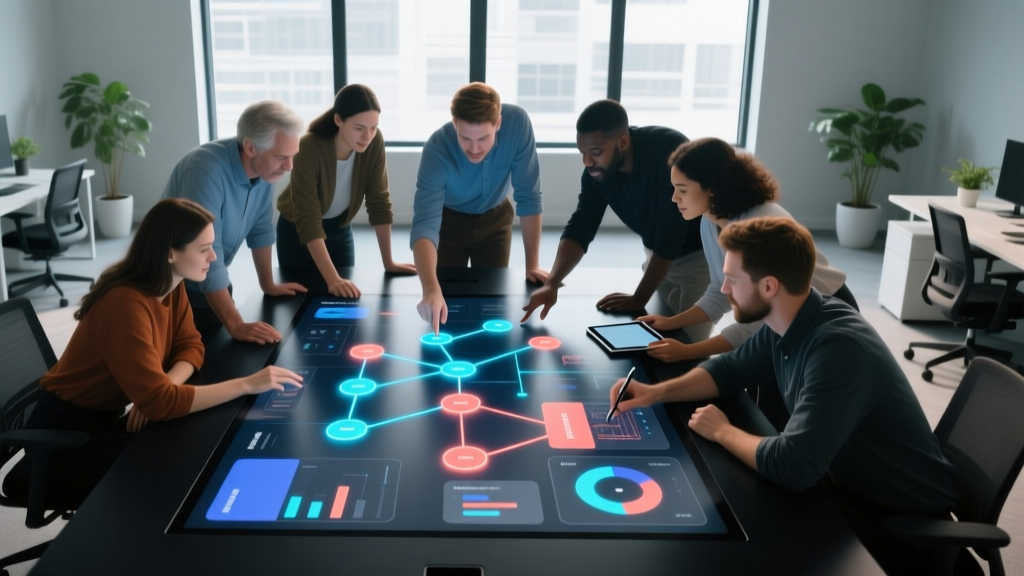 Overhead view of a modern software development team collaborating around a digital wireframe dashboard on a large interactive smart table