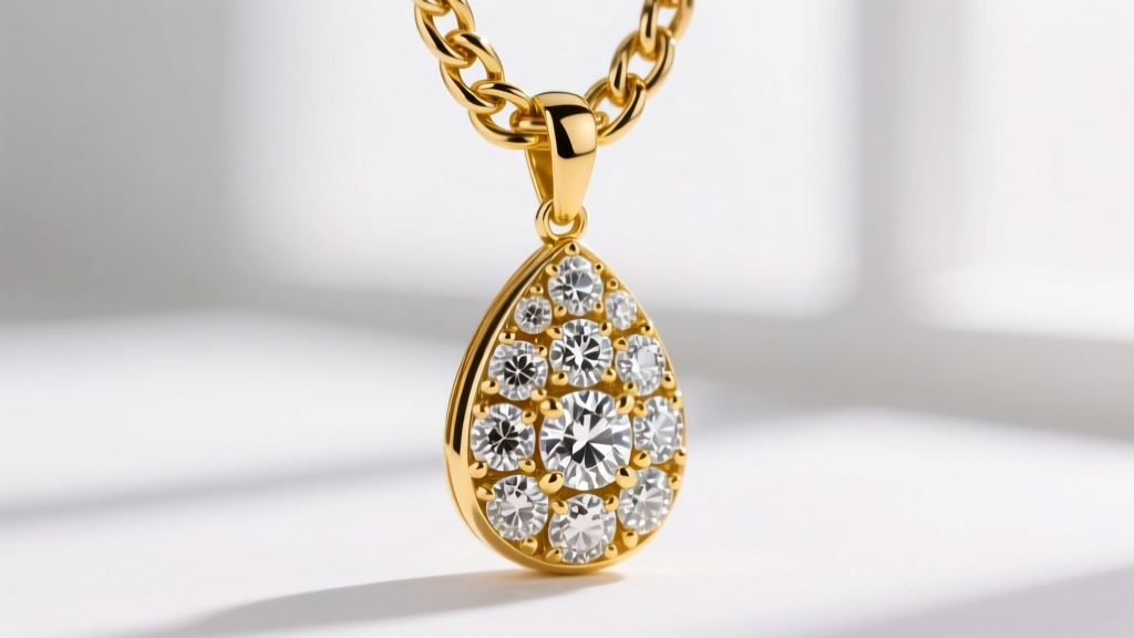 Close-up of an iced-out hip-hop teardrop pendant set in solid yellow gold with VVS diamonds resting on a thick Cuban link chain.