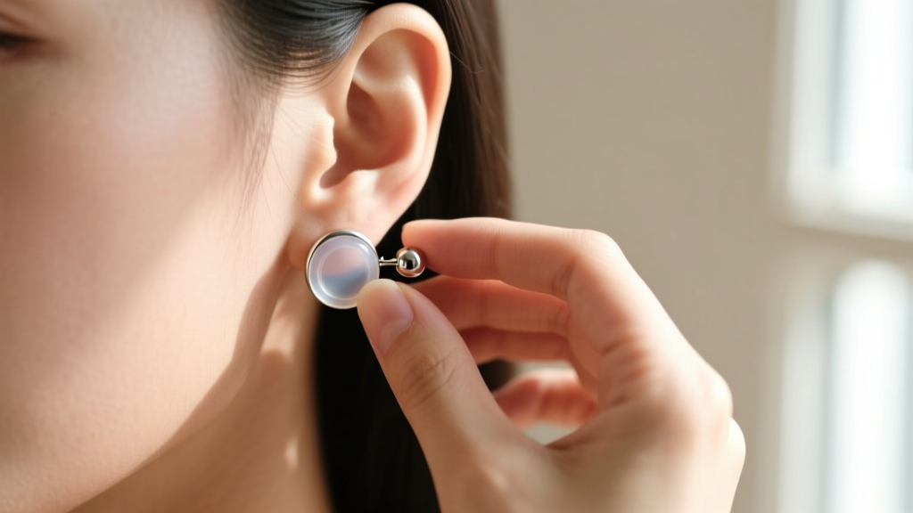 Close-up of a woman adjusting a magnetic earring backing, highlighting the clear silicone pad that prevents earlobe pinching.