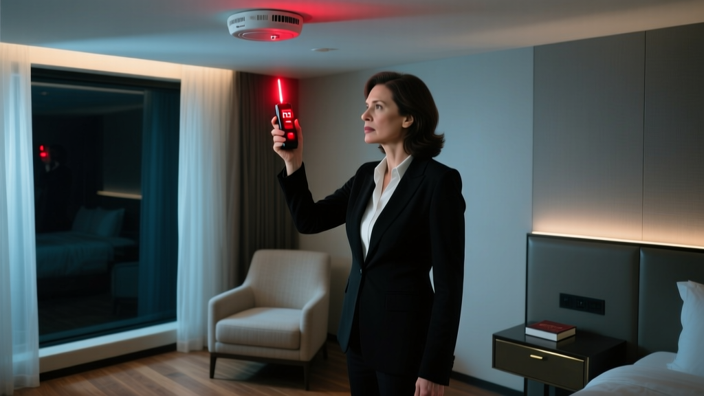 A woman in a dimly lit hotel room using a red-flashing RF signal detector to scan a smoke alarm for hidden covert cameras.