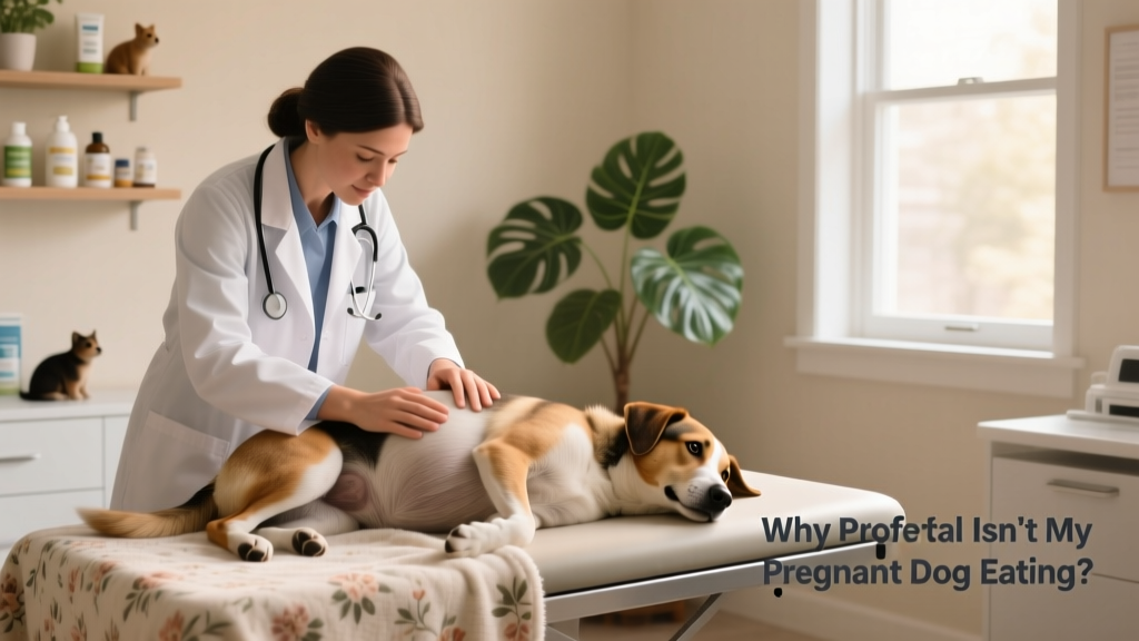 Veterinarian gently palpating a pregnant dog's abdomen during a wellness check