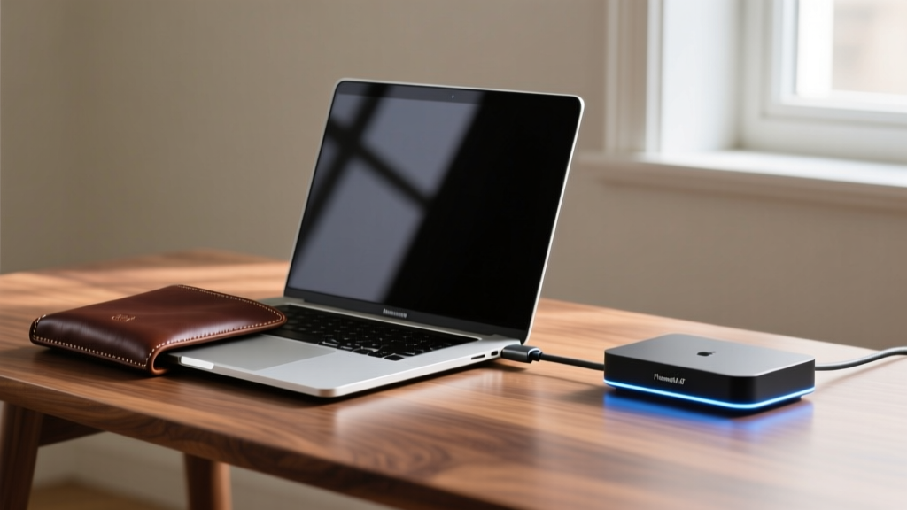 A sleek minimalist desk setup featuring a MacBook Pro on a walnut stand, connected to a glowing Thunderbolt 5 dock and premium leather sleeve