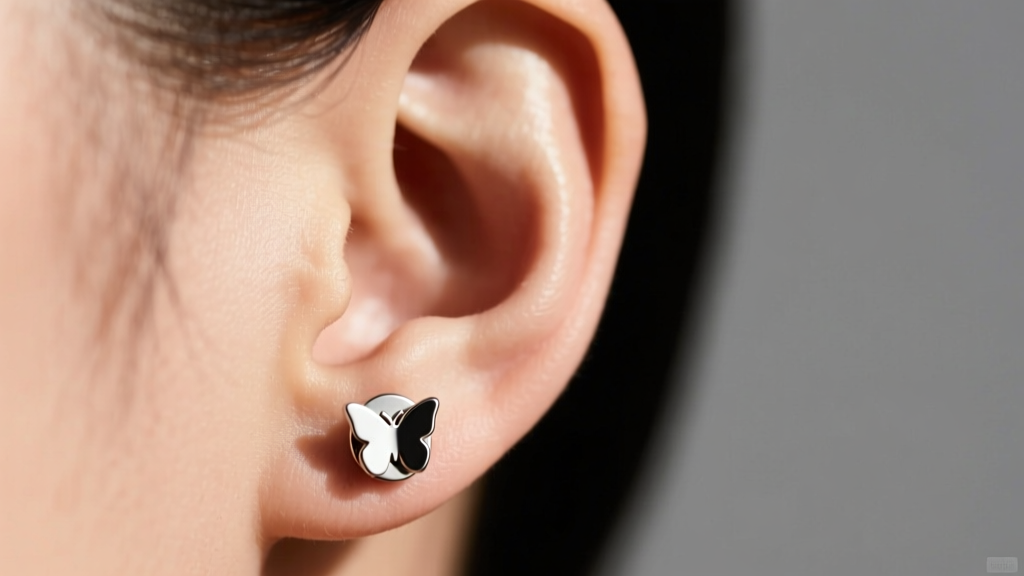 Side profile of an earlobe wearing an 8mm stud earring, highlighting the gap between the skin and the metal butterfly backing.