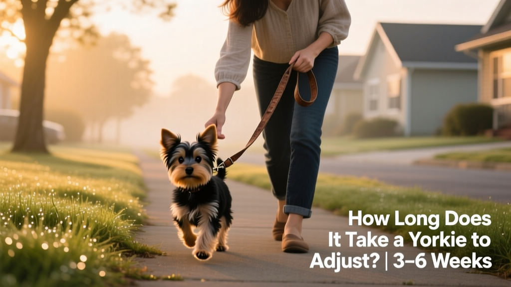 A person gently holding a Yorkie’s leash while walking her along a quiet neighborhood path at sunrise