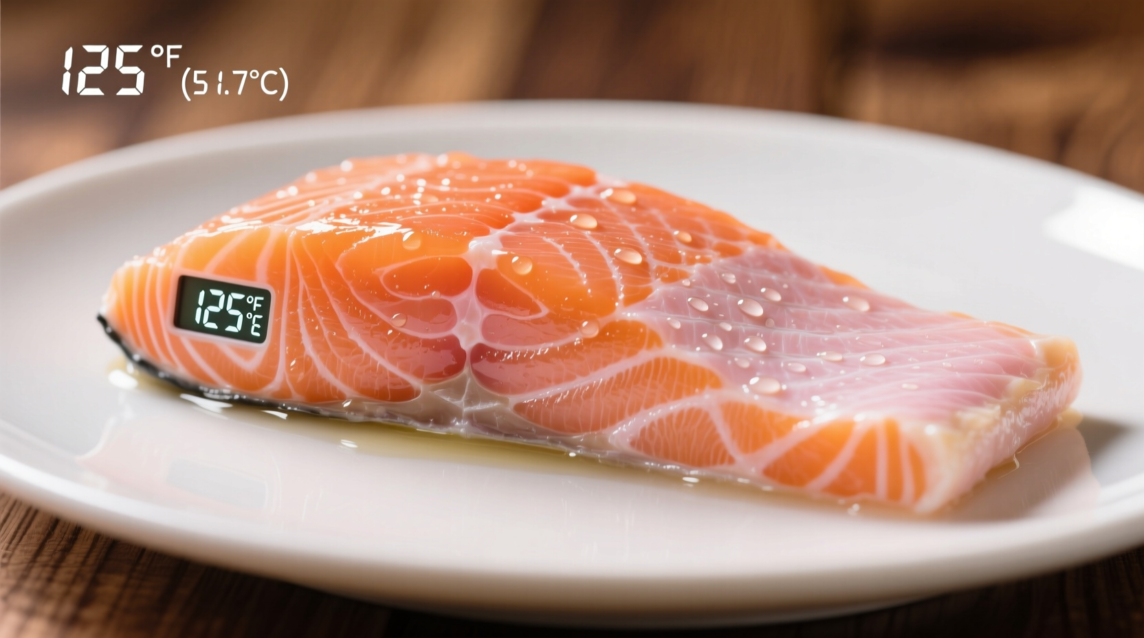 Perfectly cooked salmon fillet with internal temperature reading