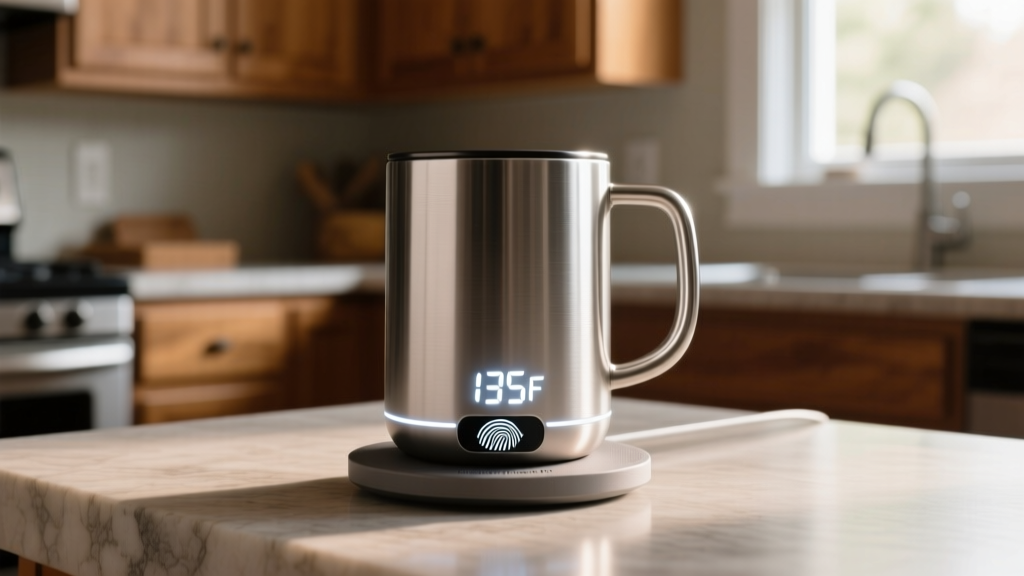 Stainless steel Ember Smart Mug 2 on magnetic charging coaster with digital temperature readout glowing 135F in dim kitchen
