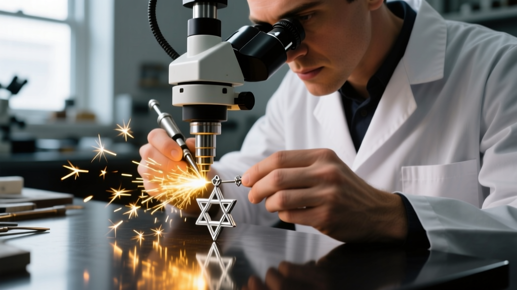 Jeweler using a laser welder microscope to fix a broken silver Star of David earring joint, sparks lighting the dark workbench