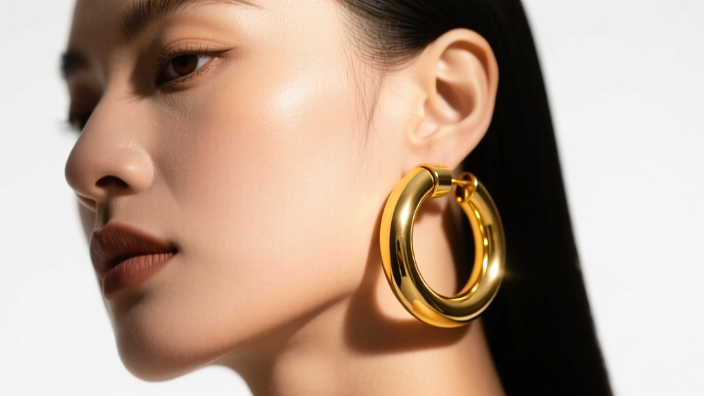 Close-up of a woman wearing 70mm 18k yellow gold tubular hoop earrings, studio lighting highlighting the high-polish metal finish