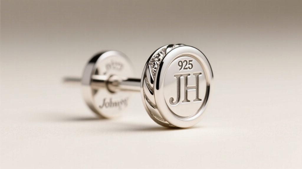 Close-up of a John Hardy earring post back, showing the 925 silver hallmark and JH logo engraving under soft studio lighting.