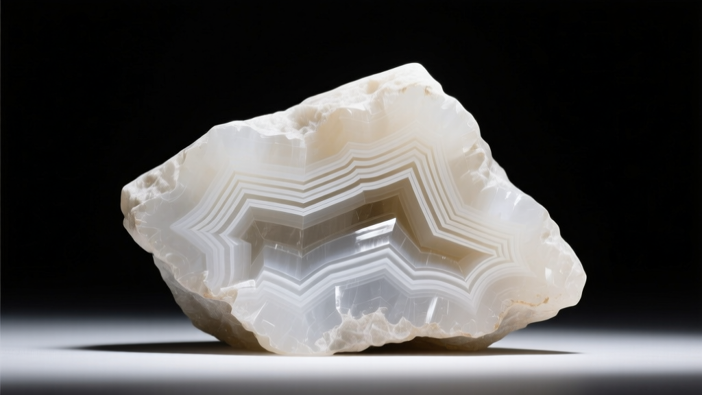 Macro shot of natural gypsum alabaster showing parallel banding and waxy luster, illuminated by a single cool LED studio light