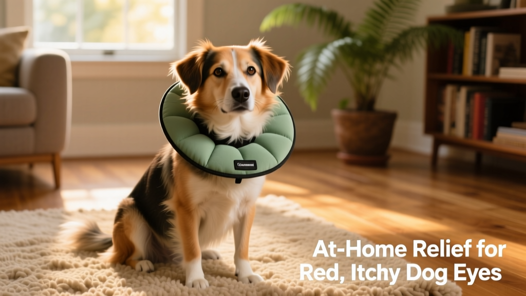 Dog wearing a soft, padded e-collar while calmly sitting on a rug
