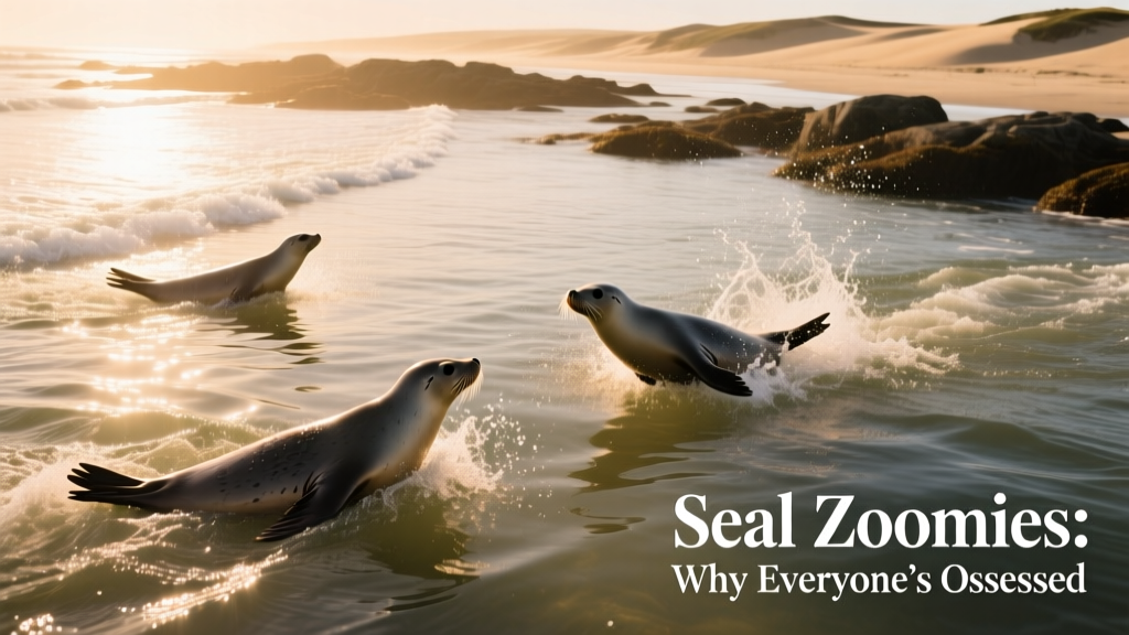 Aerial view of seals playing in shallow coastal water, splashing and chasing each other in gentle waves