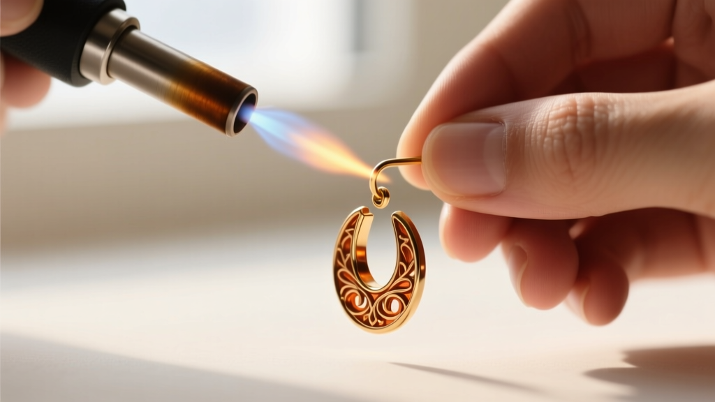 Close-up of hands using a micro-torch to solder a decorative brass earring face onto a hypoallergenic titanium earring post