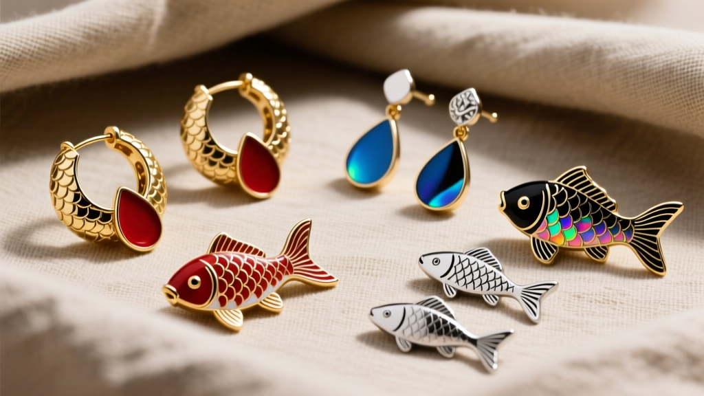 Flat lay of koi fish earring styles including gold hoops, enamel drops, and silver studs, arranged on textured linen cloth