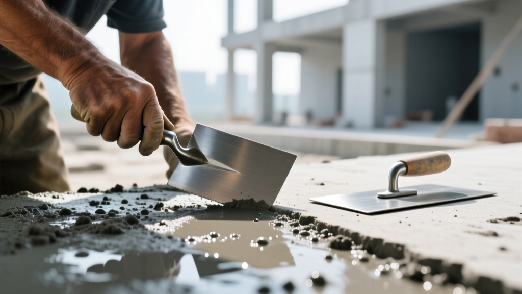Close-up of a masonry worker using a steel trowel on wet concrete slab next to a magnesium float resting on the freshly poured surface
