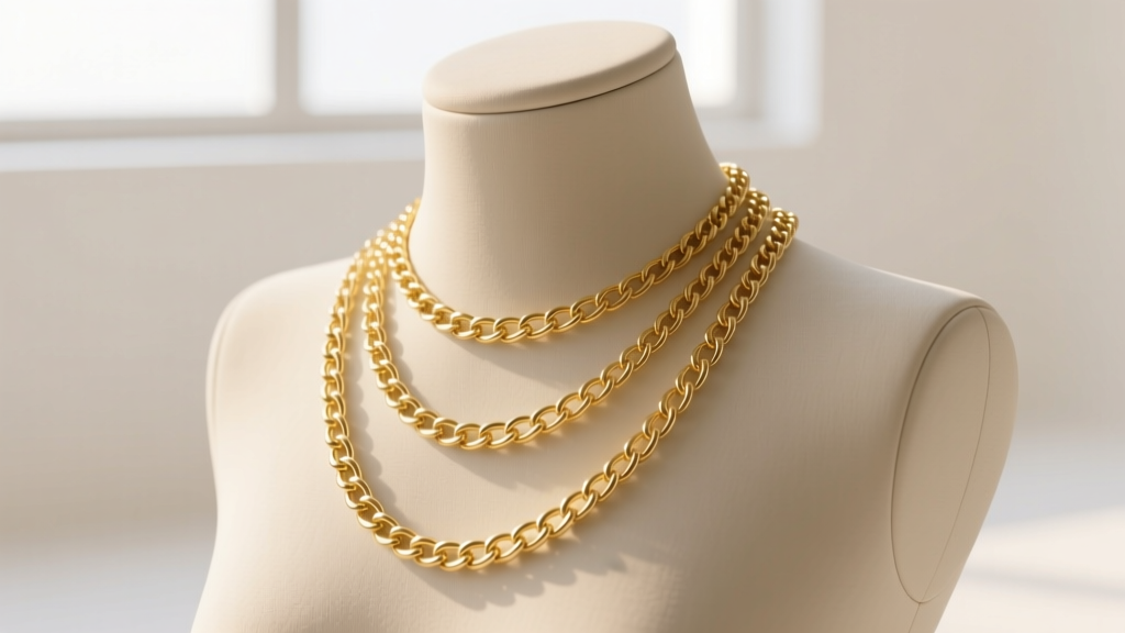 Mannequin diagram showing 16, 18, and 24-inch gold chains resting at the collarbone, chest, and upper bust line under soft light.