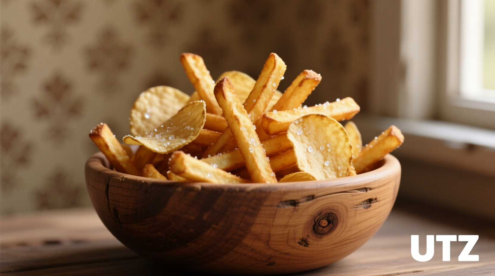 UTZ Potato Stix arranged in a rustic wooden bowl