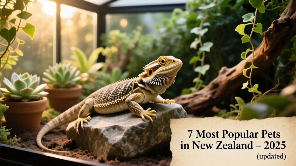 A calm bearded dragon resting on a warm rock inside a well-planted terrarium