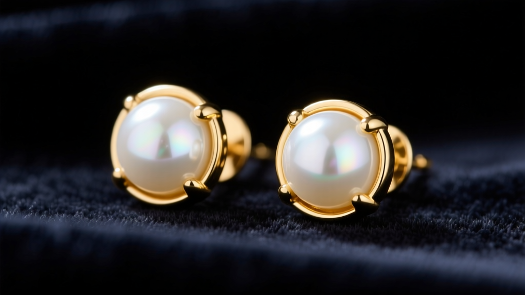 Close-up of 18k yellow gold stud earrings with round, high-luster white Akoya pearls resting on a soft, dark velvet backdrop.