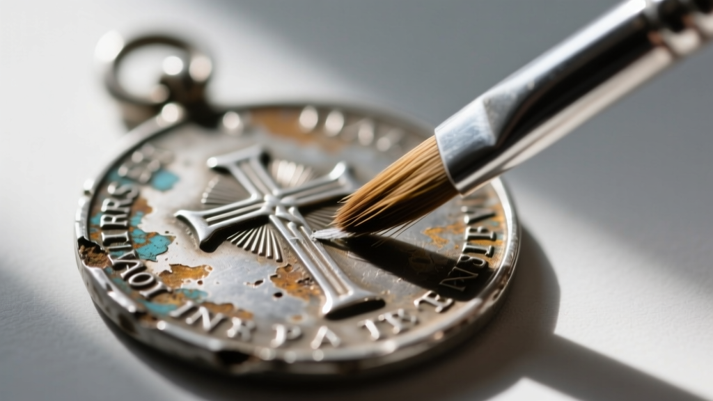 Macro shot of a tarnished silver religious medal being gently brushed with a soft fiberglass scratch pen to remove deep oxidation