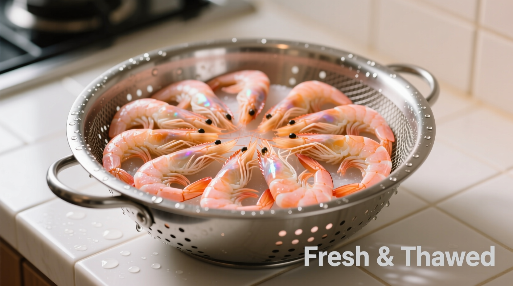 Properly thawed shrimp in colander
