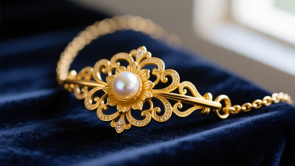 Macro shot of an ornate 14k yellow gold antique pearl necklace clasp with floral filigree, resting on dark velvet fabric.