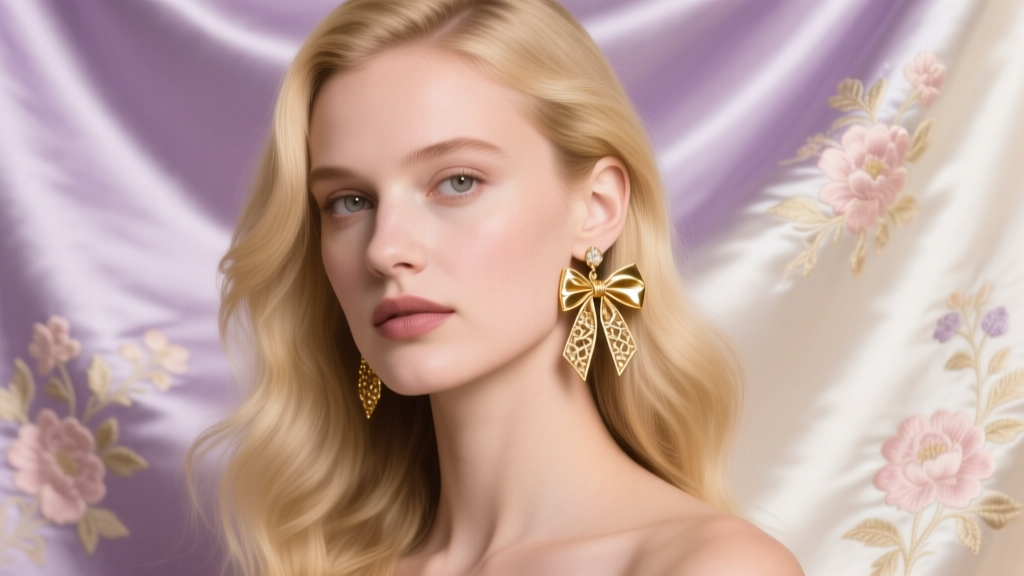 Blonde woman wearing delicate 18k gold ribbon bow drop earrings, soft studio lighting, vintage coquette aesthetic silk background