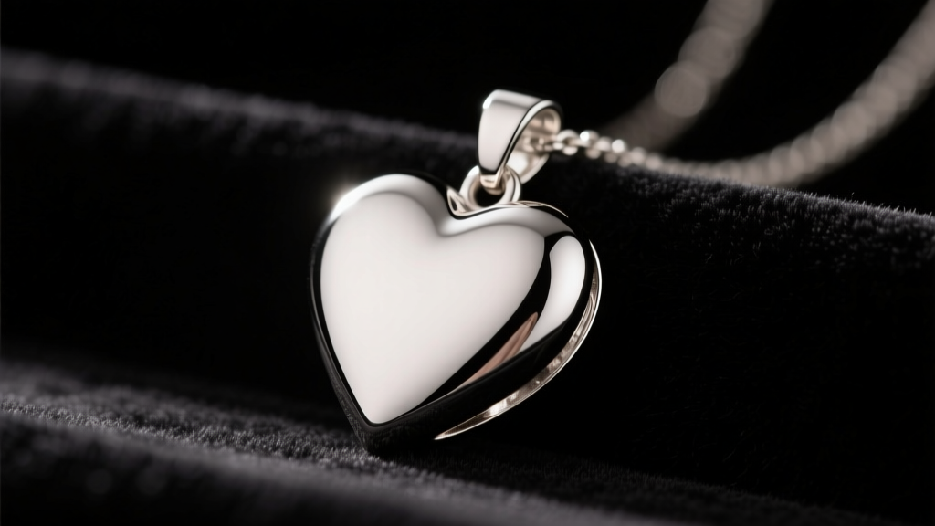 Close-up of a large 40mm sterling silver heart pendant resting on dark velvet, reflecting soft and warm studio lighting.