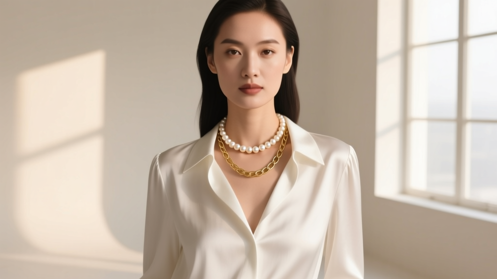 Woman wearing a layered stack with a 16-inch flat pearl choker and 18-inch gold chain, styled with a crisp white silk blouse.