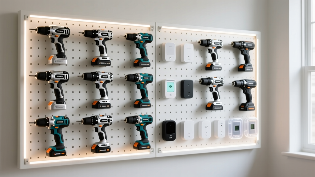 Organized pegboard featuring 2026 cordless power tools and smart home diagnostic sensors illuminated by LED strip lighting.