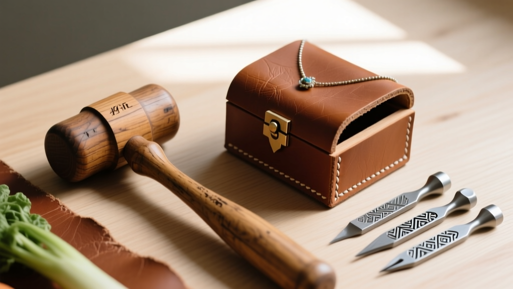 Overhead view of raw vegetable-tanned leather, a wooden mallet, and stamping tools arranged next to a half-finished jewelry box