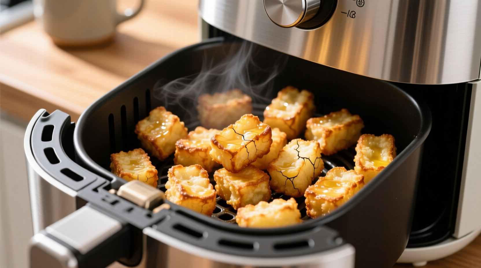 Golden brown tater tots in air fryer basket