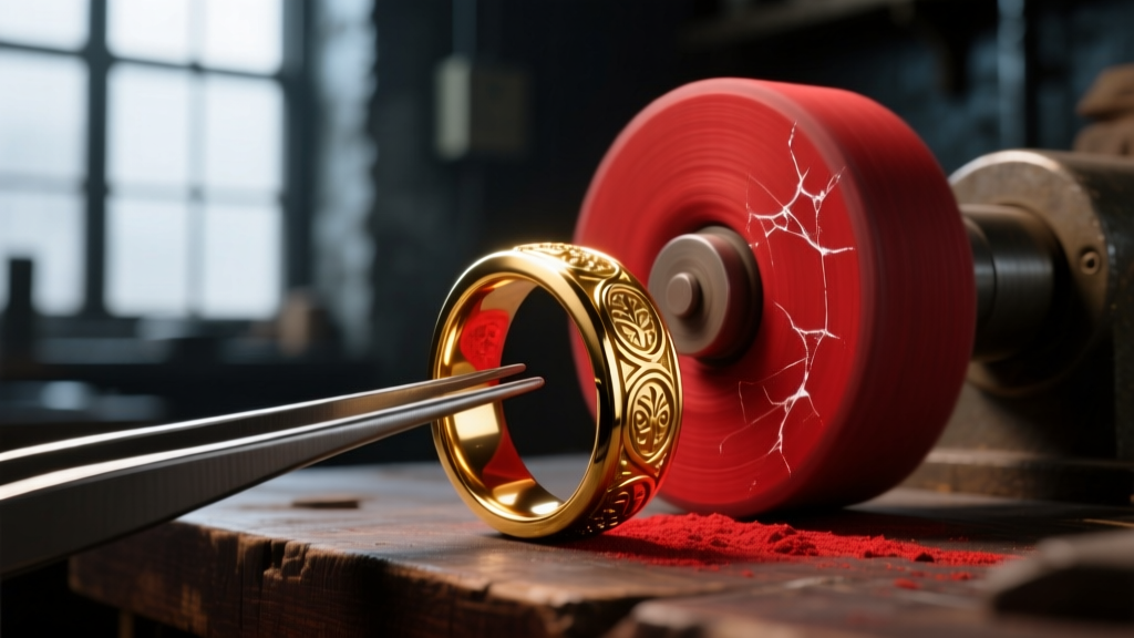Polishing wheel with red rouge compound illuminating a scratched 18k gold signet ring held by tweezers in a dark workshop.