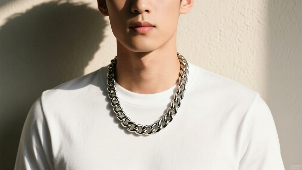 Man in a white t-shirt wearing a 22-inch stainless steel rope chain with a secure lobster clasp visible near his collarbone