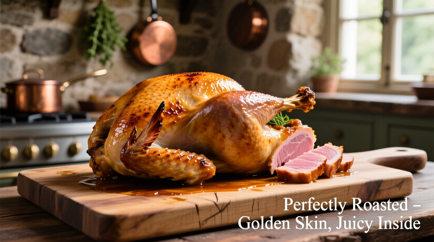 Perfectly roasted turkey breast with golden skin on cutting board