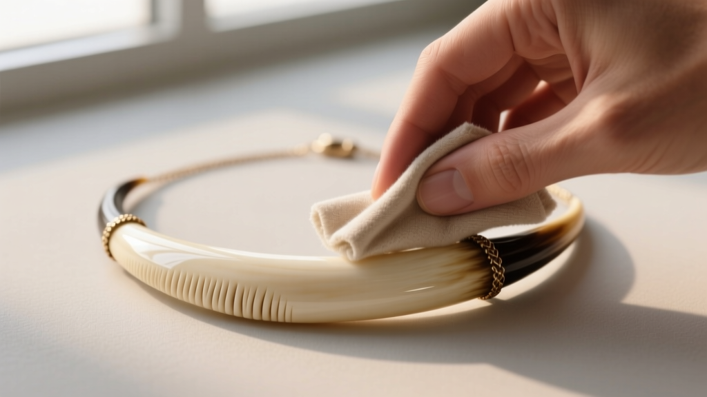 Hands gently wiping an elk tooth necklace with a soft microfiber cloth, highlighting the creamy enamel texture and natural ridges.