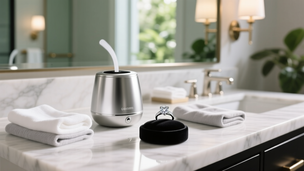 Elegant gift box revealing a sleek silver ultrasonic jewelry cleaner, polishing cloths, and a diamond ring on a marble vanity top