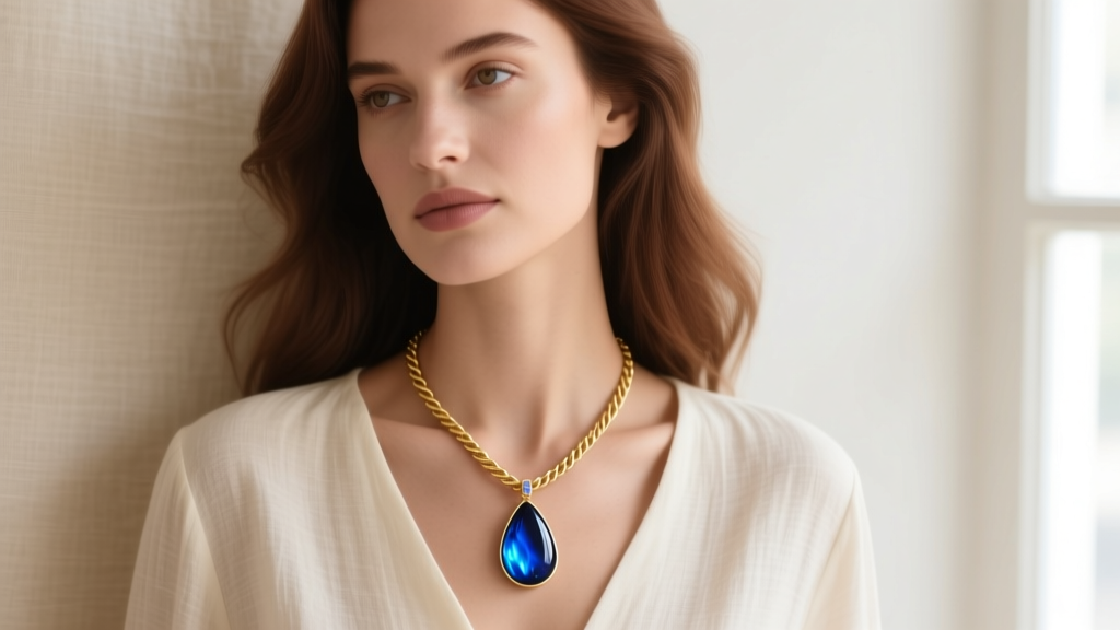 Elegant woman wearing a gold rope chain and glowing Dominican blue amber teardrop necklace against a neutral linen blouse background.