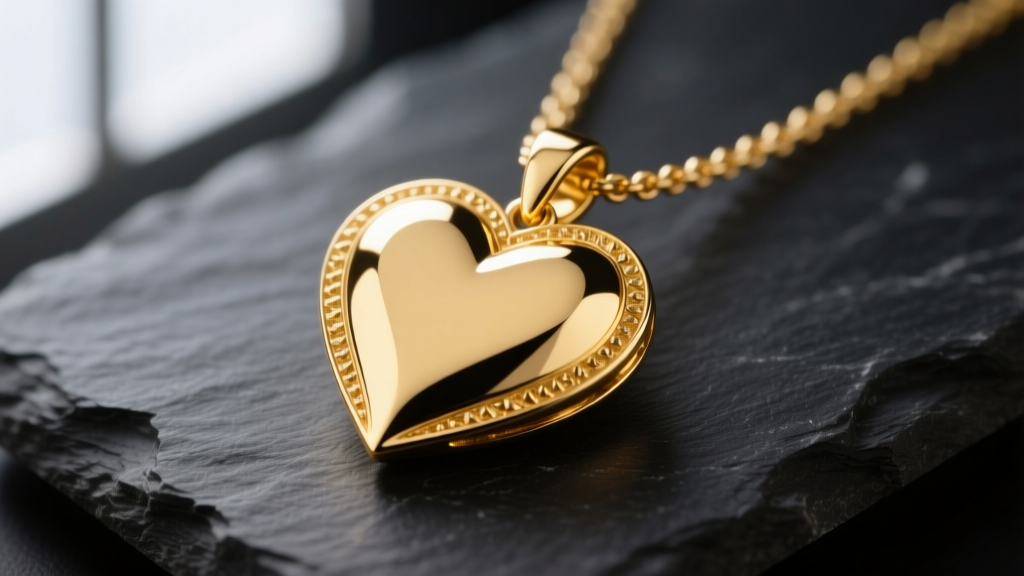 Macro shot of a polished 14k yellow gold heart shaped pendant necklace resting on dark slate, highlighting the sharp bottom point