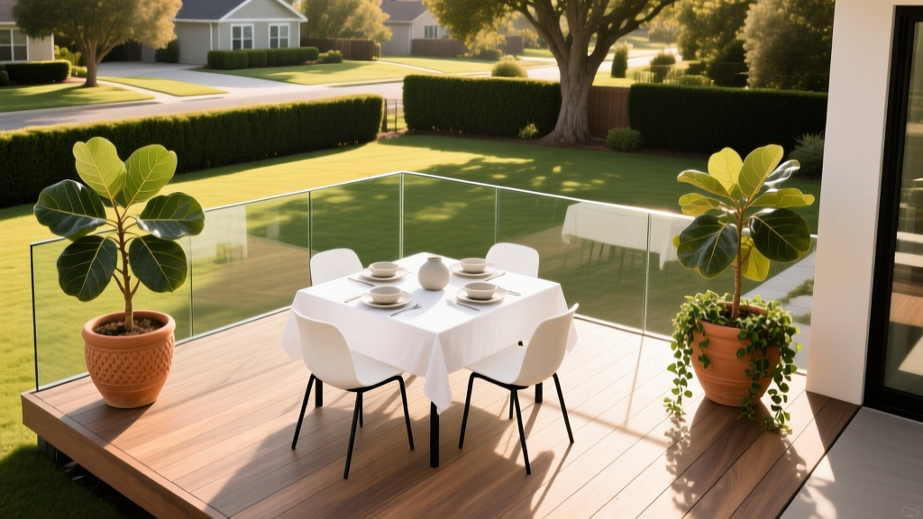 Overhead view of a 10x10 composite deck with glass railings, a small dining set, and potted plants in a sunny suburban backyard.