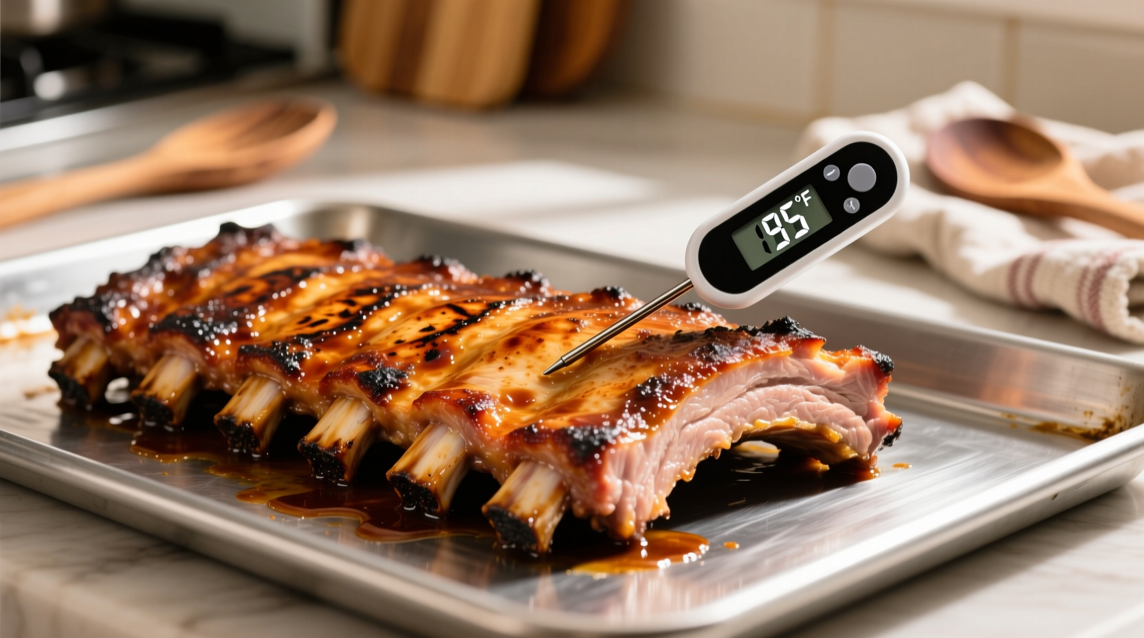 Oven cooked pork ribs on baking sheet with thermometer