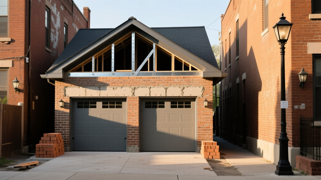 Detached two-car masonry garage with brick exterior and asphalt roof under construction in a narrow Chicago residential alleyway.