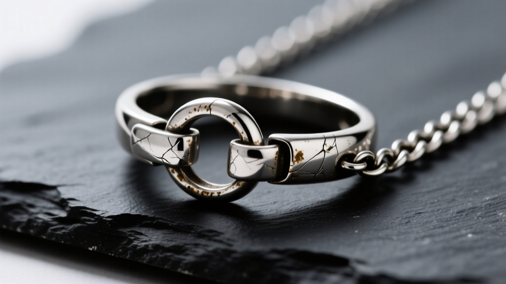 Macro shot of a tarnished sterling silver spring ring necklace clasp stuck halfway open on dark slate under soft light.