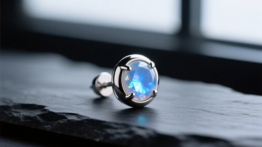 Macro shot of a bezel-set sterling silver moonstone stud earring on dark slate, highlighting its vivid blue adularescent sheen