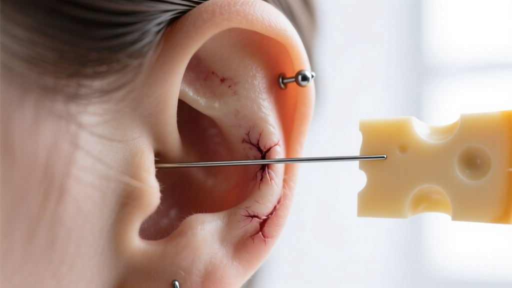 Side profile diagram showing the cheese-cutter effect where a thin 22-gauge wire slowly pulls through a healed earlobe