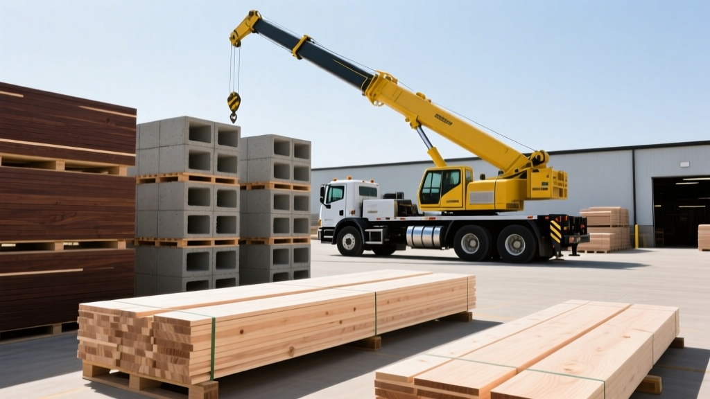 Pallets of engineered LVL lumber and stacked concrete masonry units staged at a regional building materials supply yard with a boom truck.