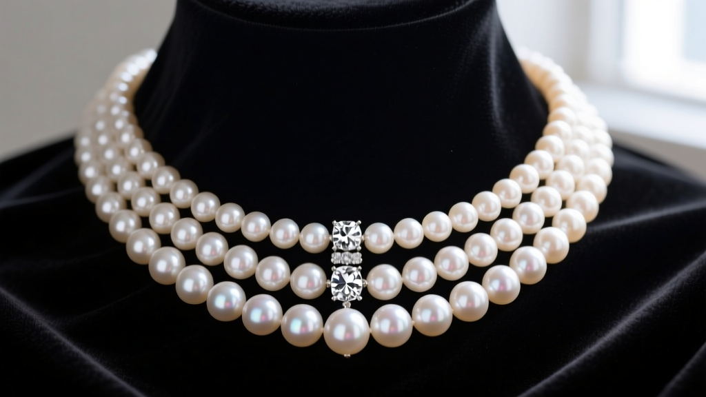 Close-up of a lavish five-strand pearl collar necklace with a diamond spacer bar resting on dark velvet fabric.