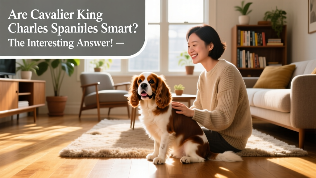 A smiling Cavalier King Charles Spaniel sitting attentively beside its owner on a sunlit living room floor