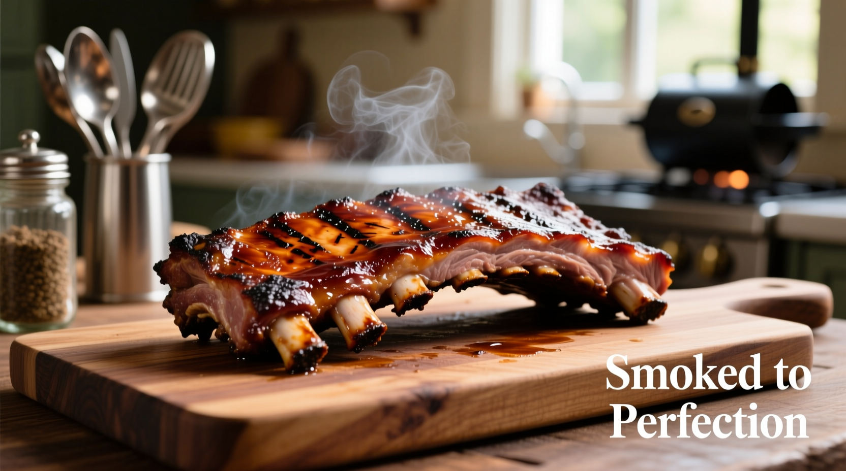 Perfectly smoked pork ribs on a cutting board